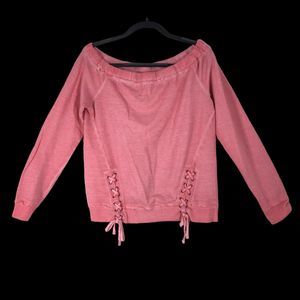 Off the Shoulder Washout Pink Sweatshirt, w/Braided Front accents, Exposed Seams